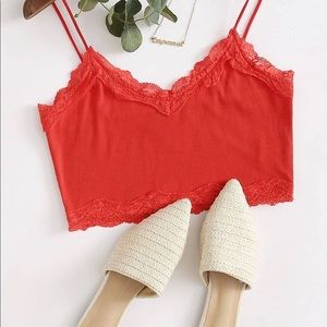 Red Spaghetti Strap Cropped Lace Tank